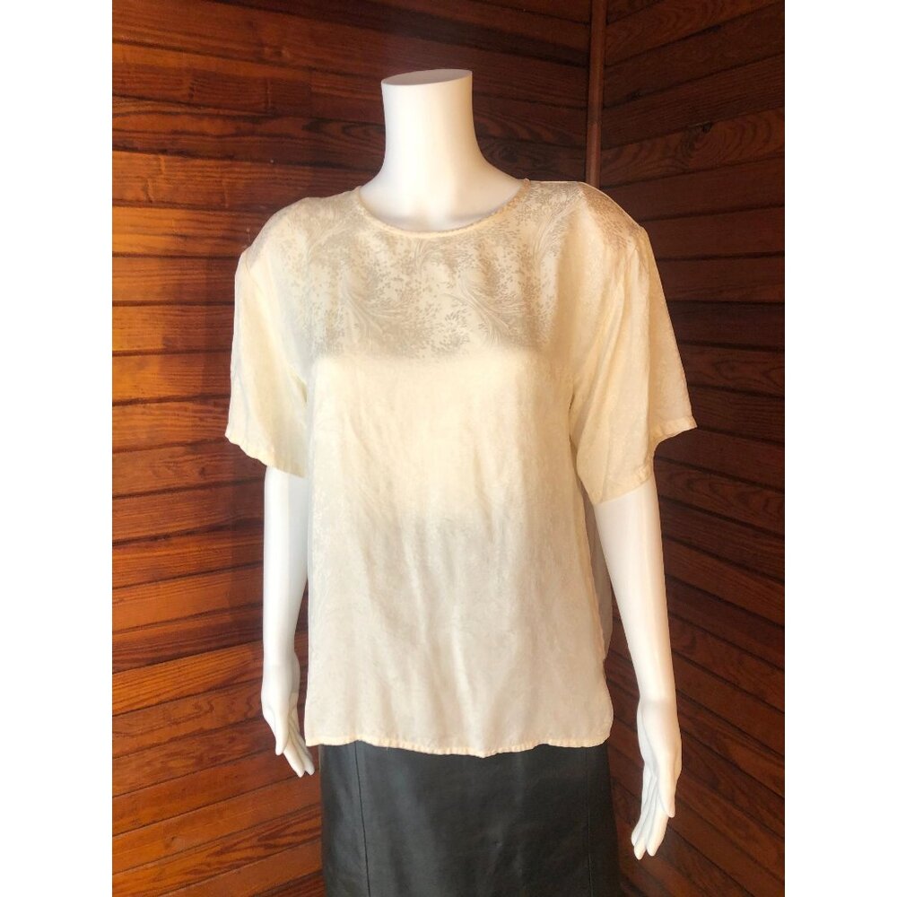 Silk Blouse, Satin Blouse, Embossed Print Blouse, 80s Blouse, White Silk Blouse,